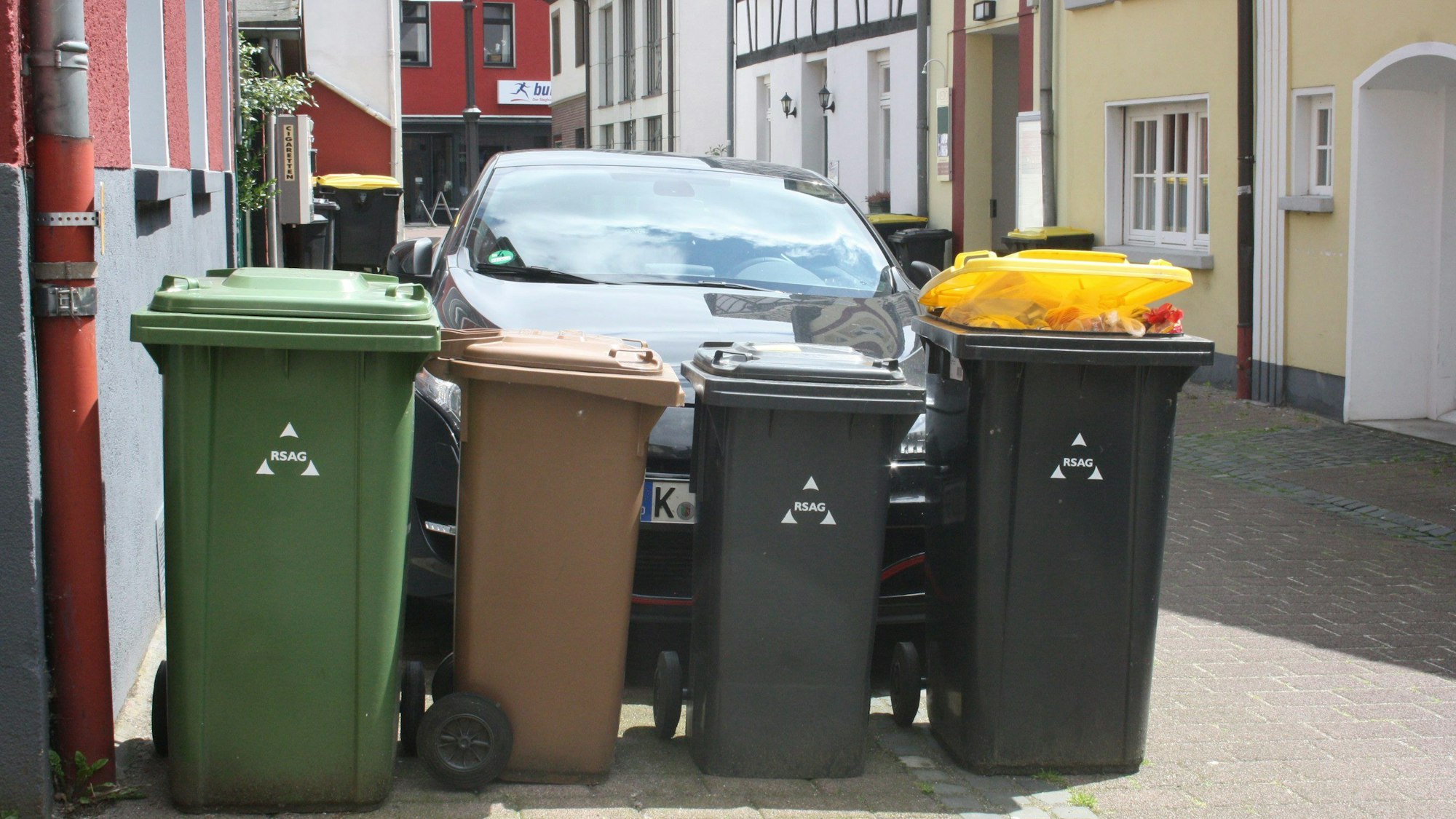 Mülltonnen stehen in einer Reihe.