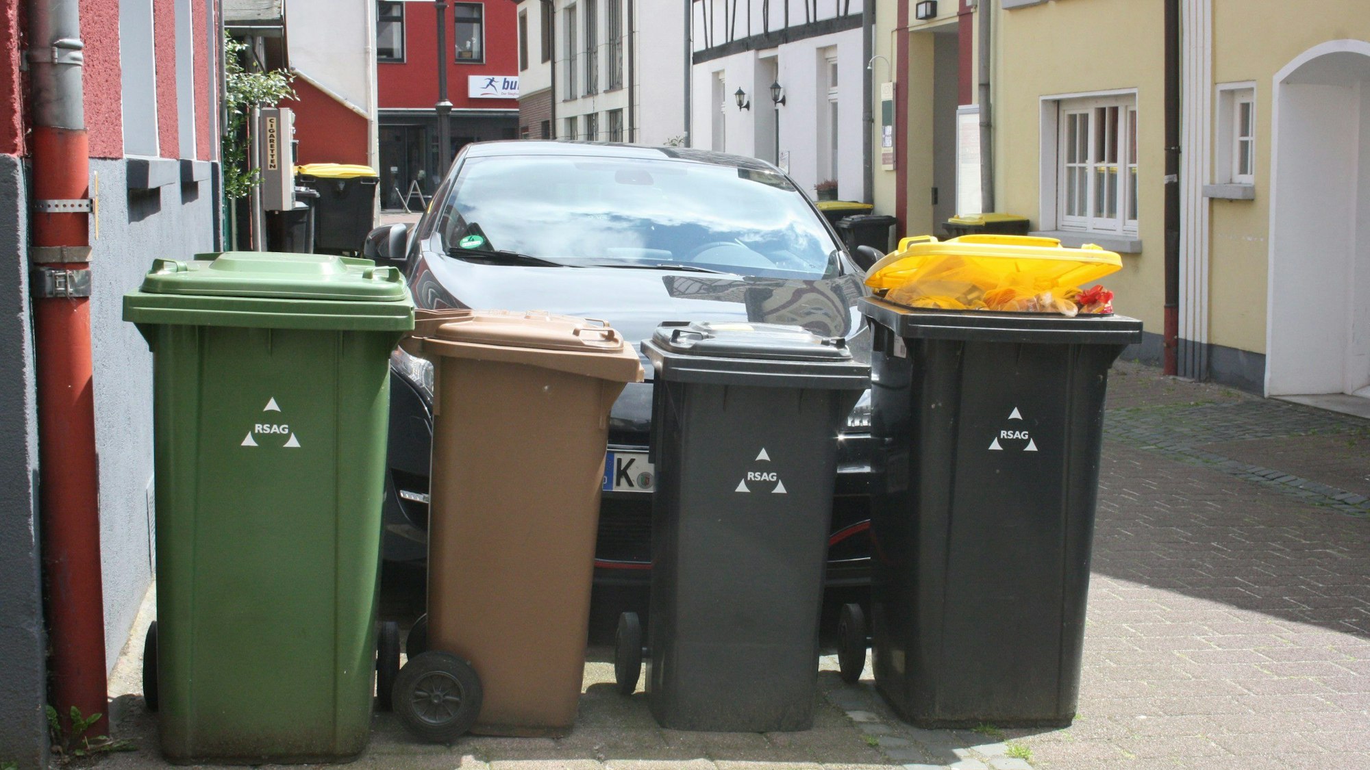 Mülltonnen stehen in einer Reihe.