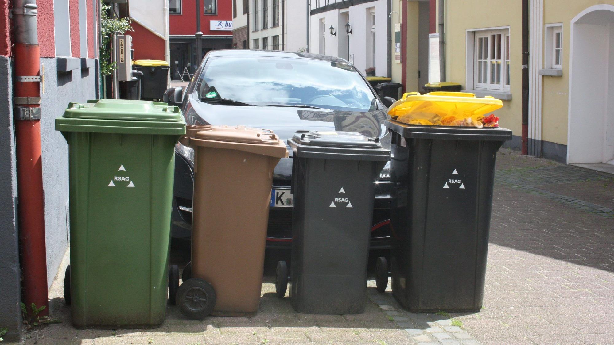 Eine Papiertonne, eine Biotonne, eine Restmülltonne und eine Wertstofftonne der RSAG stehen nebeneinander abholbereit auf einer Straße in Siegburg.