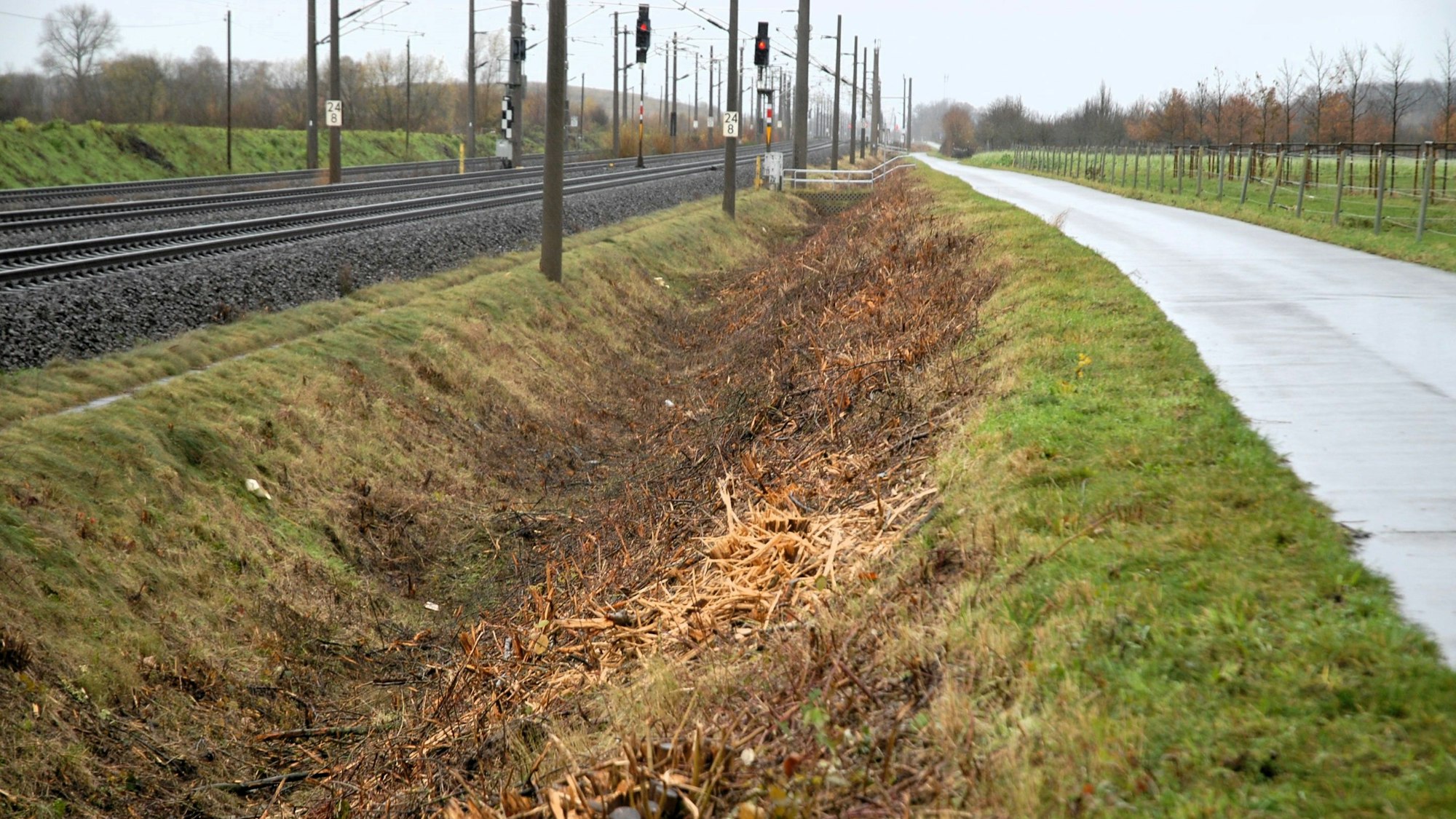 Die Entwässerungsrinne eines Bahndamms.