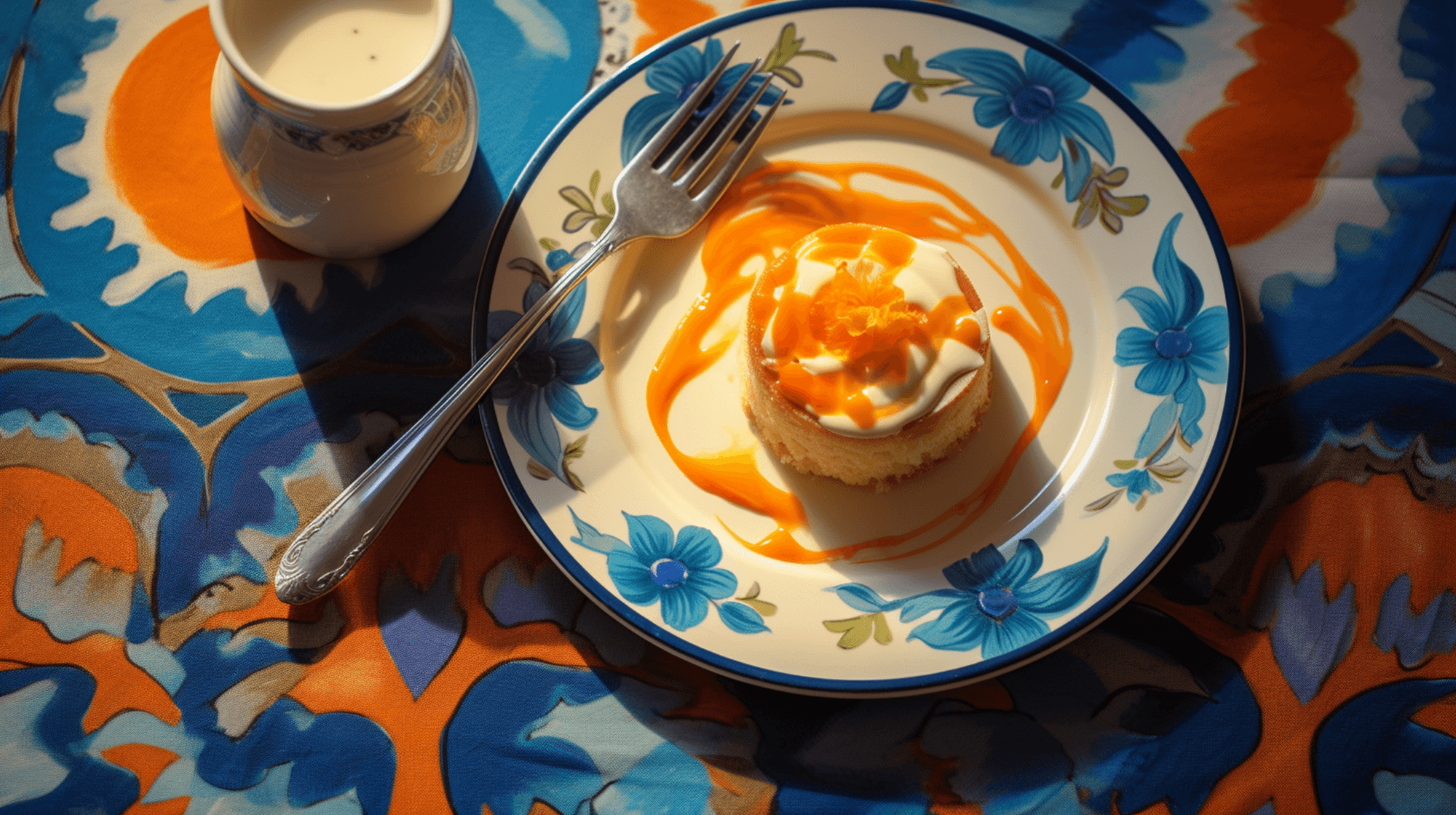 Illustration: Pudding auf einem floral gemusterten Teller, ein Kännchen Vanillesauce daneben