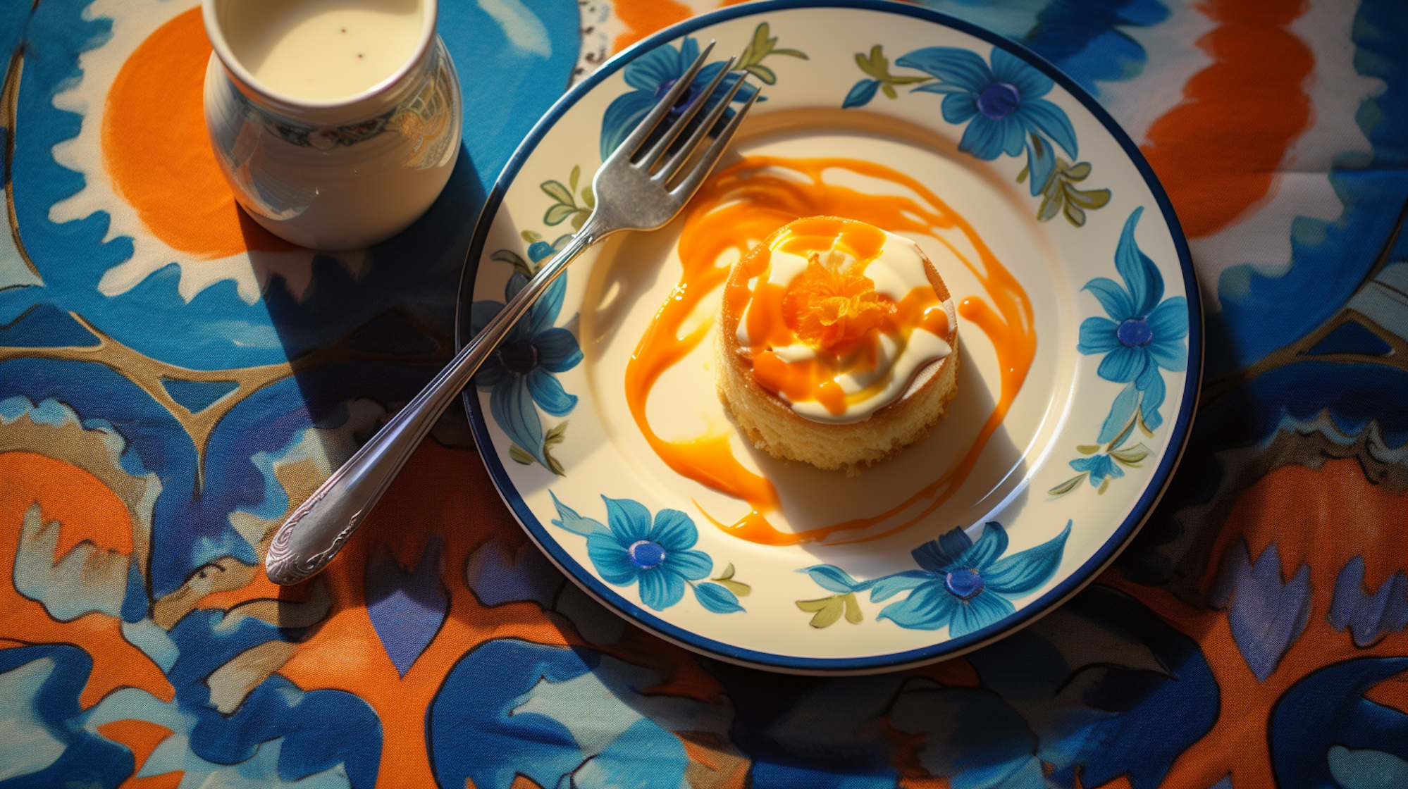 Illustration: Pudding auf einem floral gemusterten Teller, ein Kännchen Vanillesauce daneben
