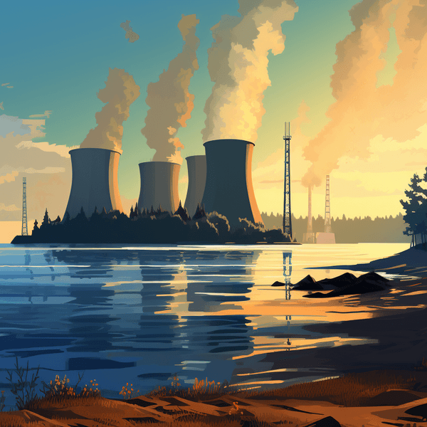 Illustration: Kühltürme an einem Fluss.