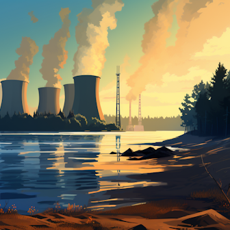 Illustration: Kühltürme an einem Fluss.