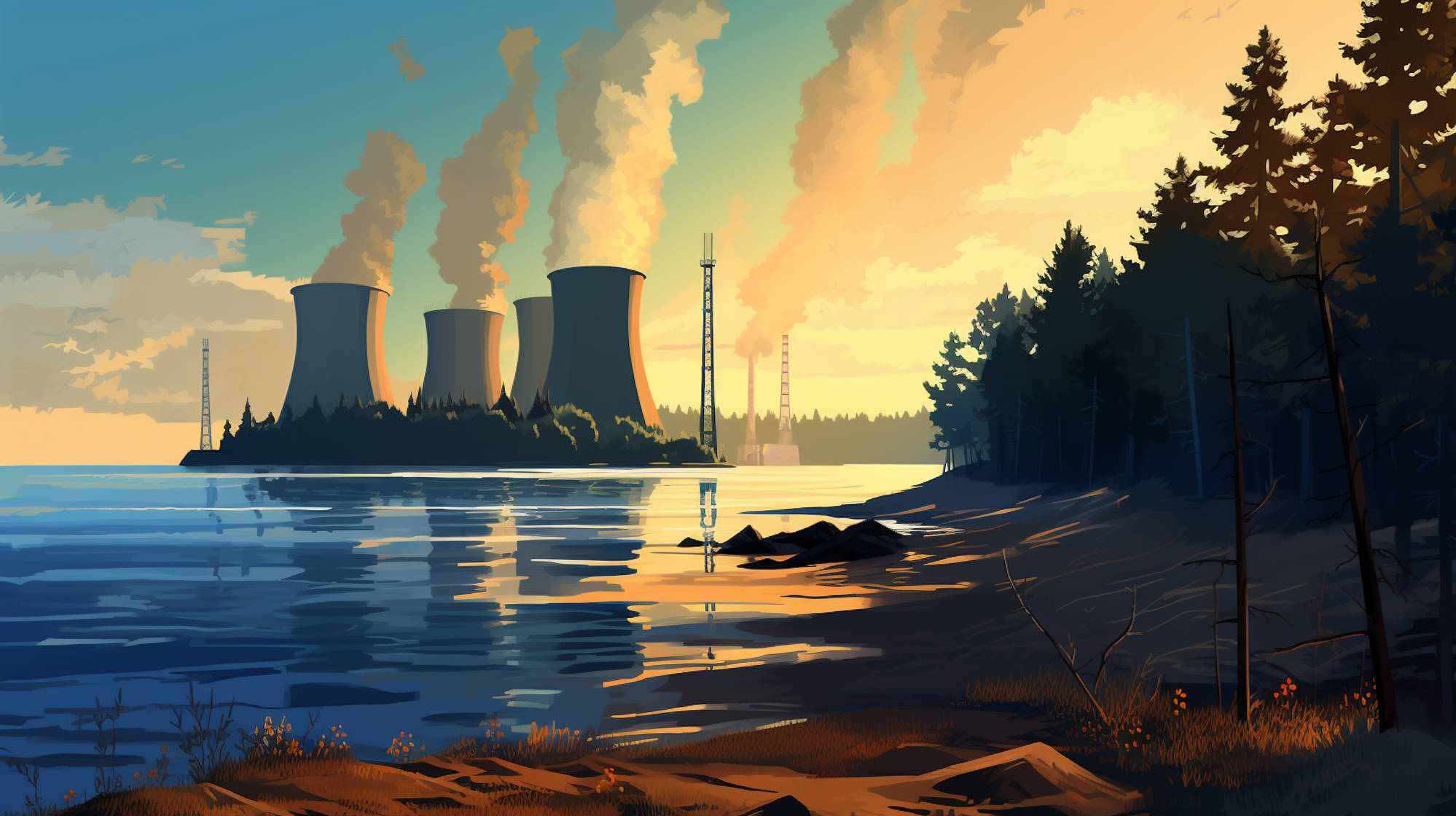 Illustration: Kühltürme an einem Fluss.