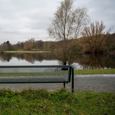 Zu sehen ist eine Parkbank vor einem Weiher.