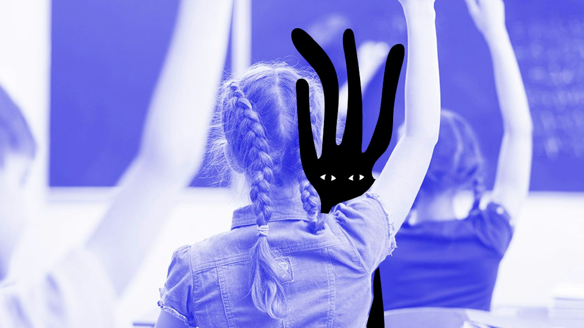 Eine Schülerin hebt den Arm, dahinter steht ein schwarzes Monster stellvertretend für den Tumor.