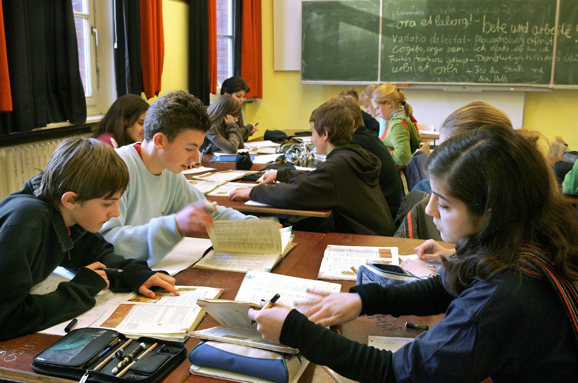 Schüler und Schülerinnen einer 8. Klasse sitzen an Tischen in einem Klassenraum und arbeiten mithilfe von Schulbüchern.