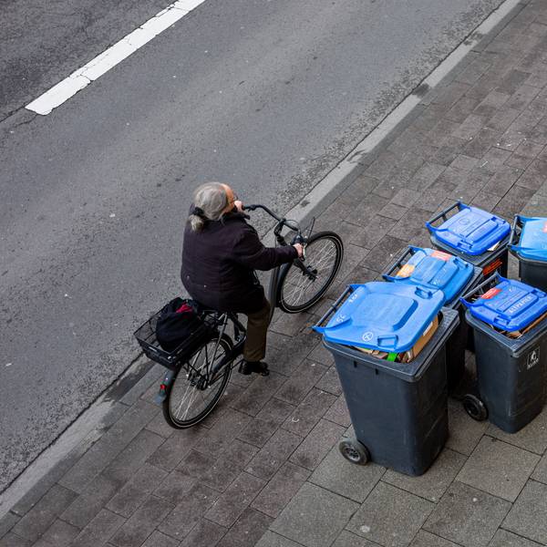Abfalltonnen mit blauem Deckel stehen zur Abholung der Kölner Abfallwirtschaftsbetriebe am Straßenrand.