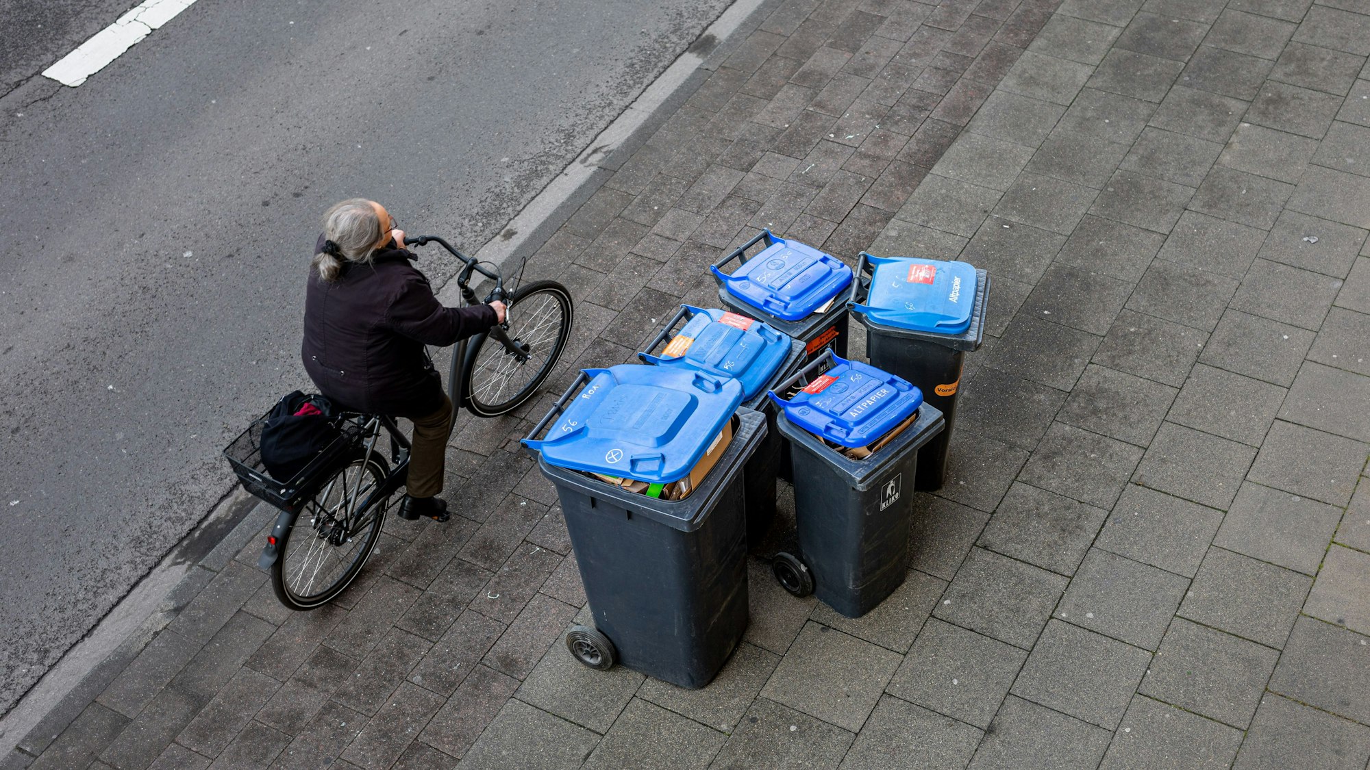 Abfalltonnen mit blauem Deckel stehen zur Abholung der Kölner Abfallwirtschaftsbetriebe am Straßenrand.