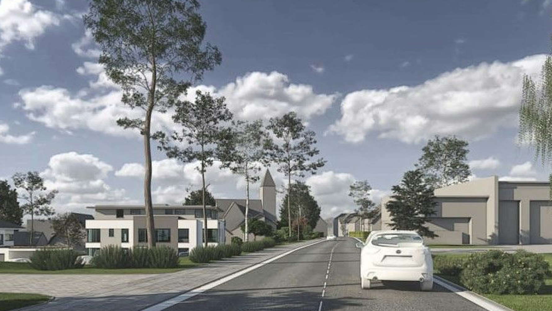 Die Visualisierung zeigt ein Wohnungsbauprojekt vor einer Kirche