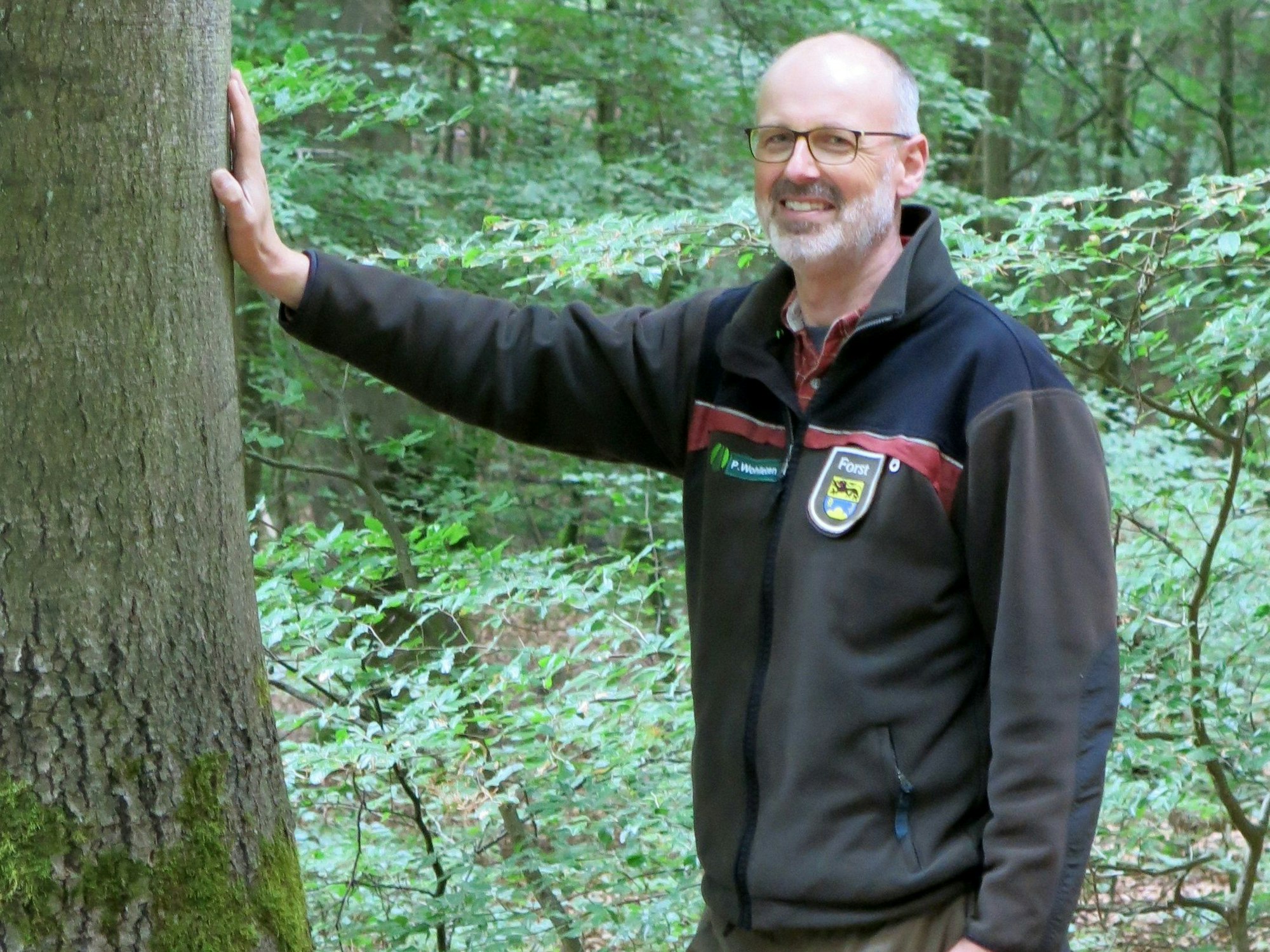 Der Förster Peter Wohlleben lehnt an einem Baum im Wald rund um die Eifelgemeinde Hümmel.