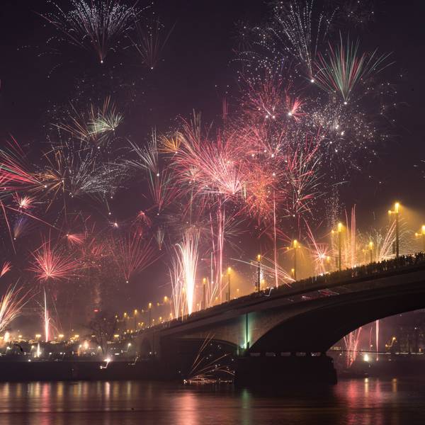 Die Kennedybrücke in Bonn an Silvester aus der Untenansicht mitsamt Rhein davor. Feuerwerk erleuchtet den dunklen Nachthimmel.