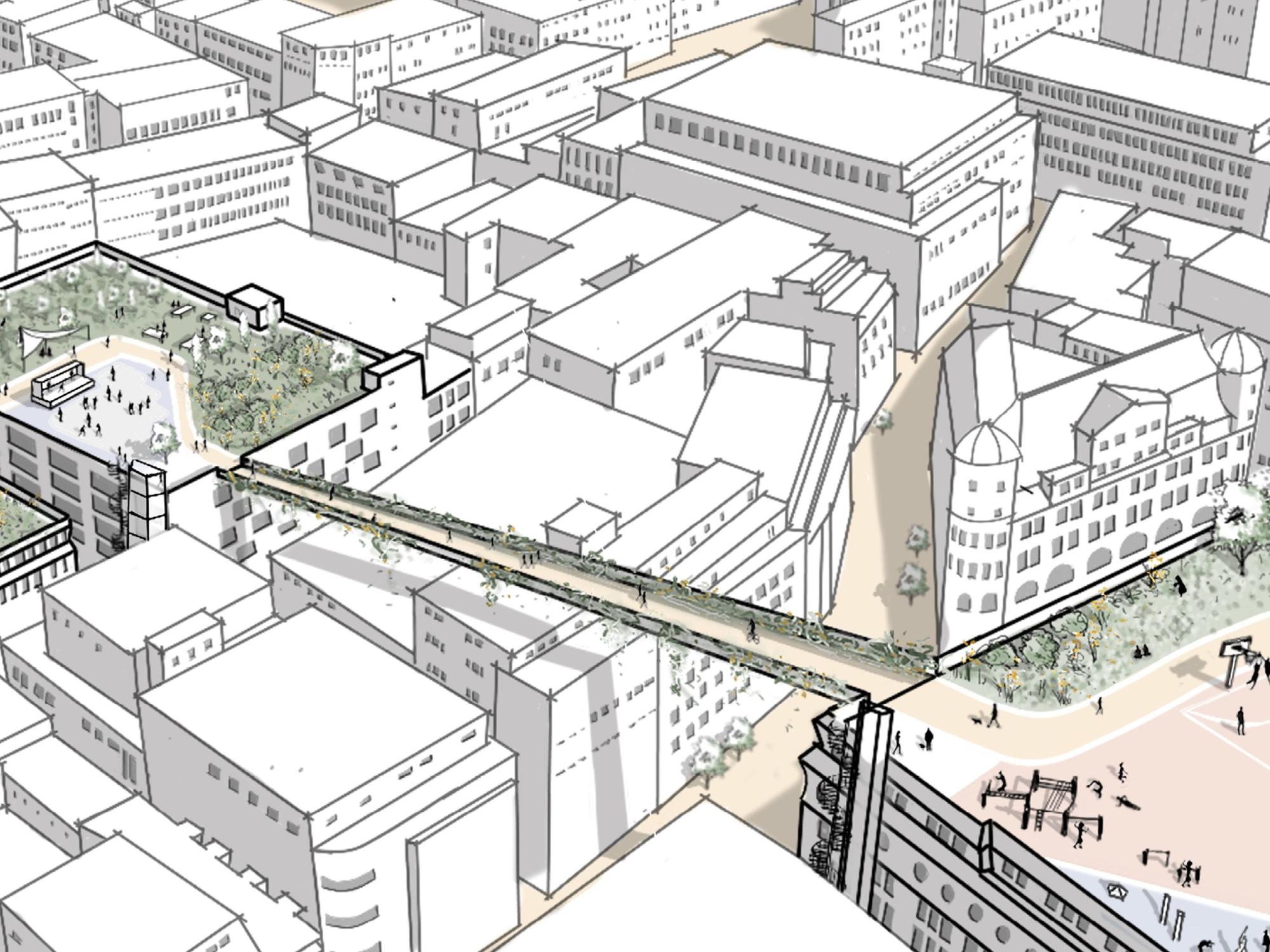 Entwurf von Architekturstudenten: Eine Brücke führt von einer begrünten Dachterrasse zur anderen.