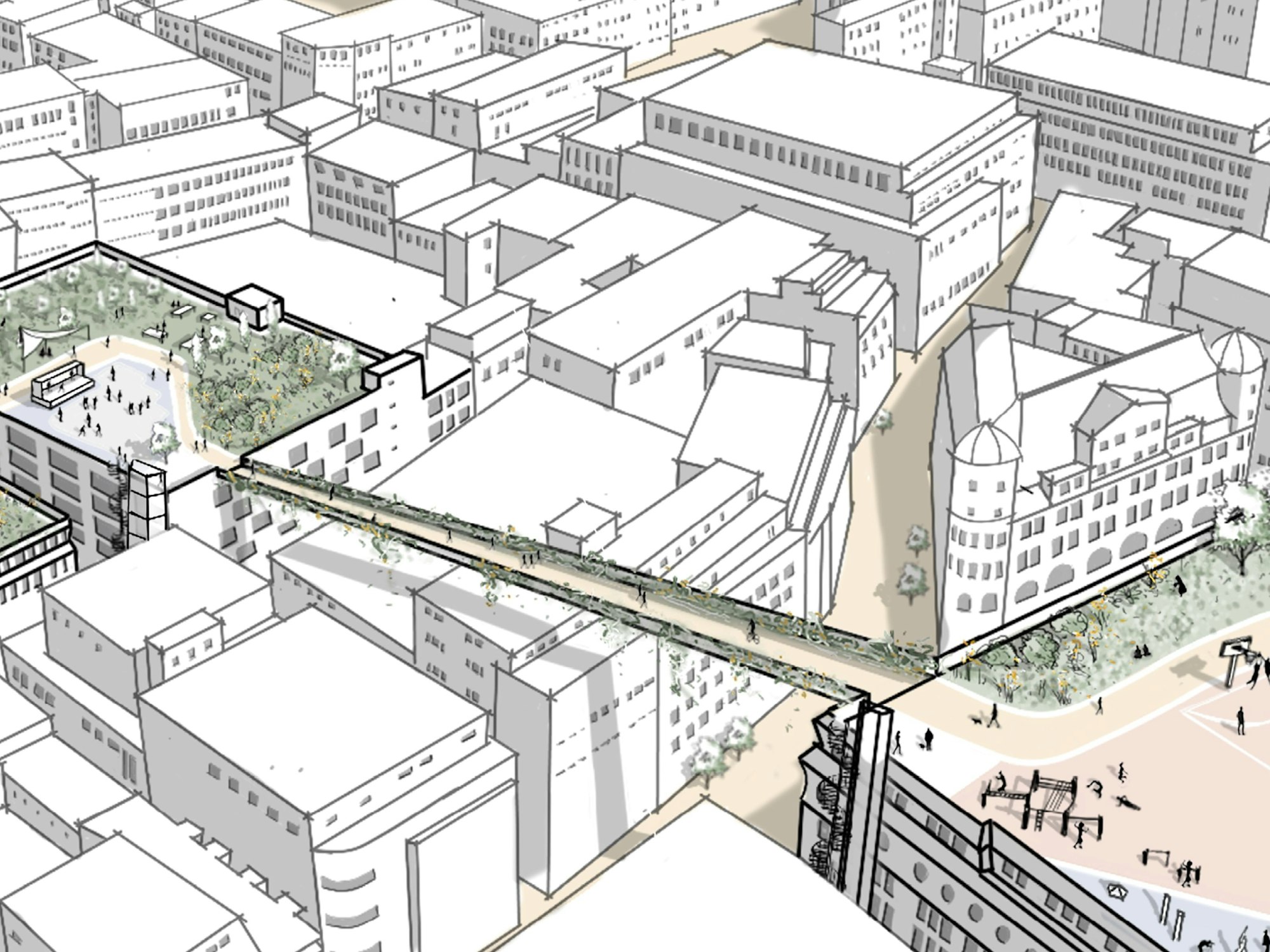Entwurf von Architekturstudenten: Eine Brücke führt von einer begrünten Dachterrasse zur anderen.