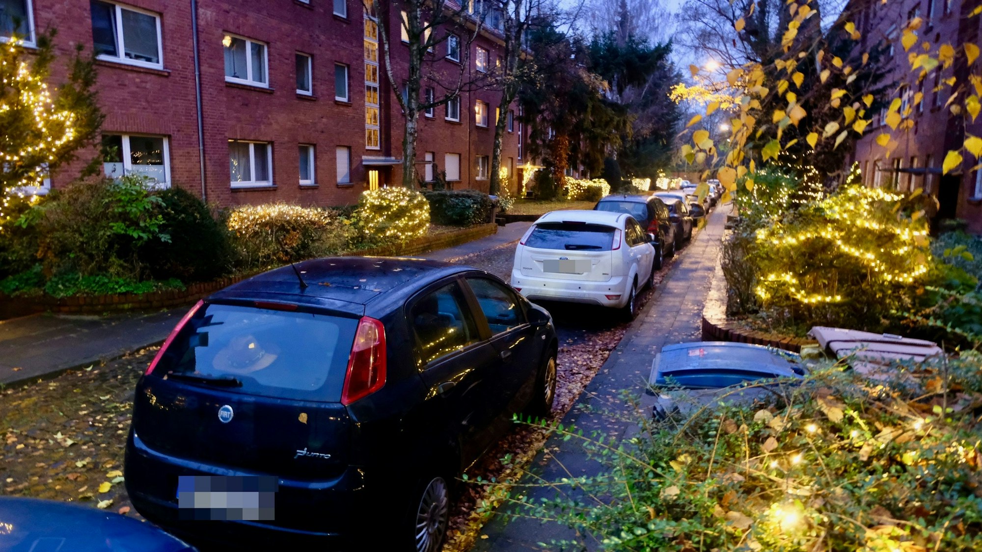 An einer Straße mit roten Häusern an beiden Seiten parken Autos. Die Vorgärten sind mit Lichterketten geschmückt.