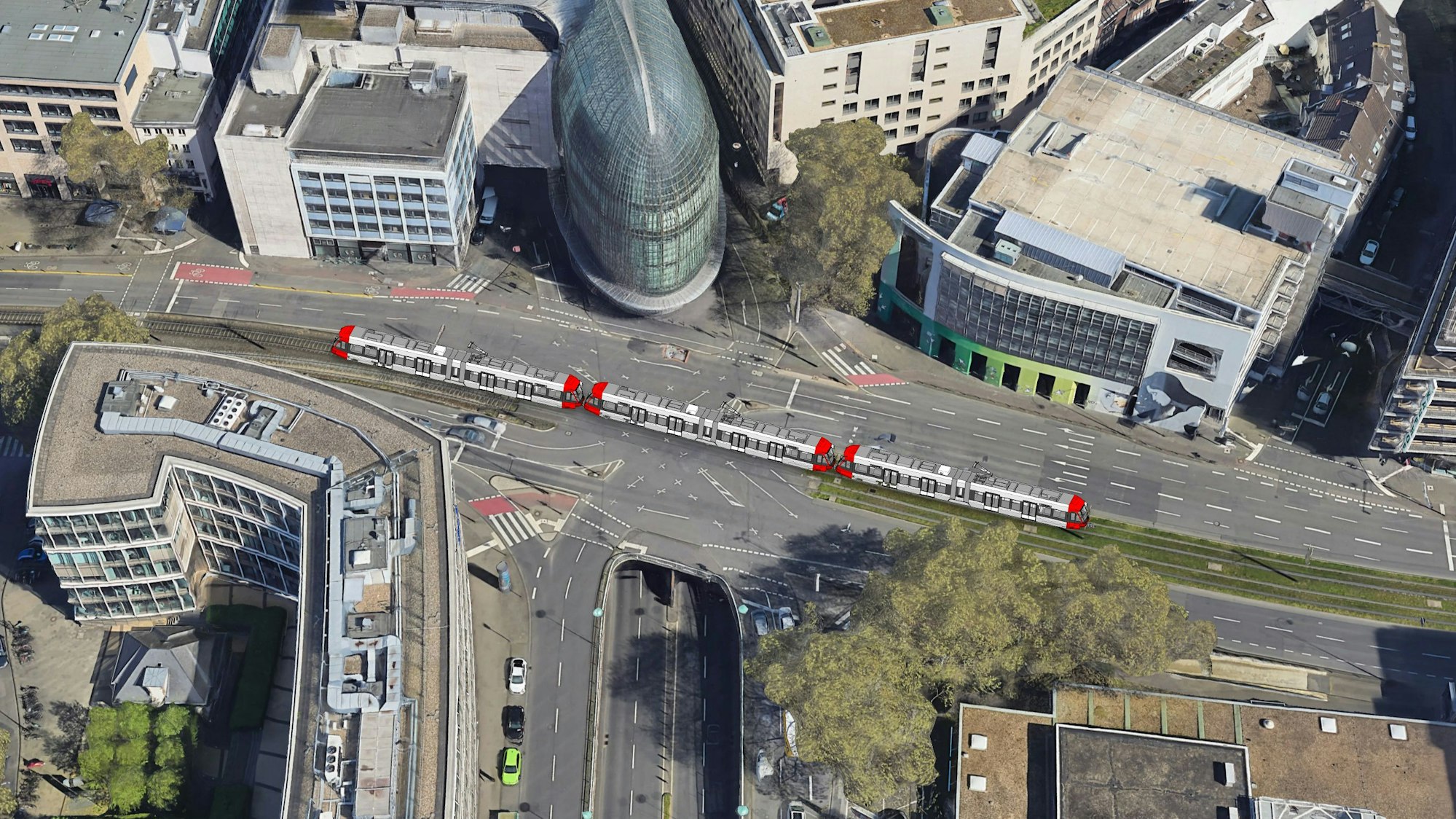 Wie eine 90-Meter-Bahn in der Innenstadt ungefähr aussehen würde.