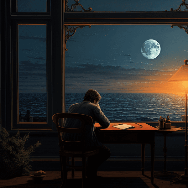 Illustration: Ein Mann schreibt einen Brief am Fenster, Blick auf das Meer in der Nacht und den Mond