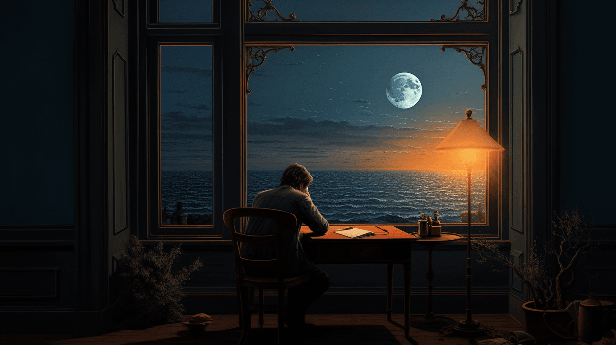 Illustration: Ein Mann schreibt einen Brief am Fenster, Blick auf das Meer in der Nacht und den Mond
