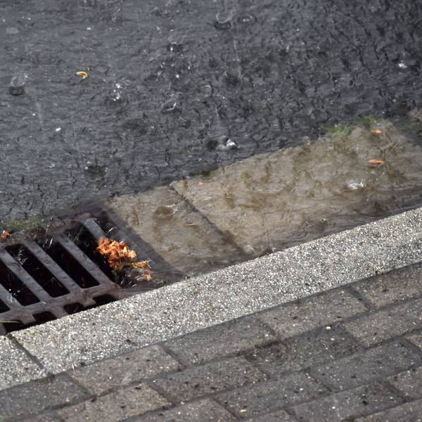 Regenwasser läuft während eines Gewitters durch einen Straßenablauf in die Kanalisation.