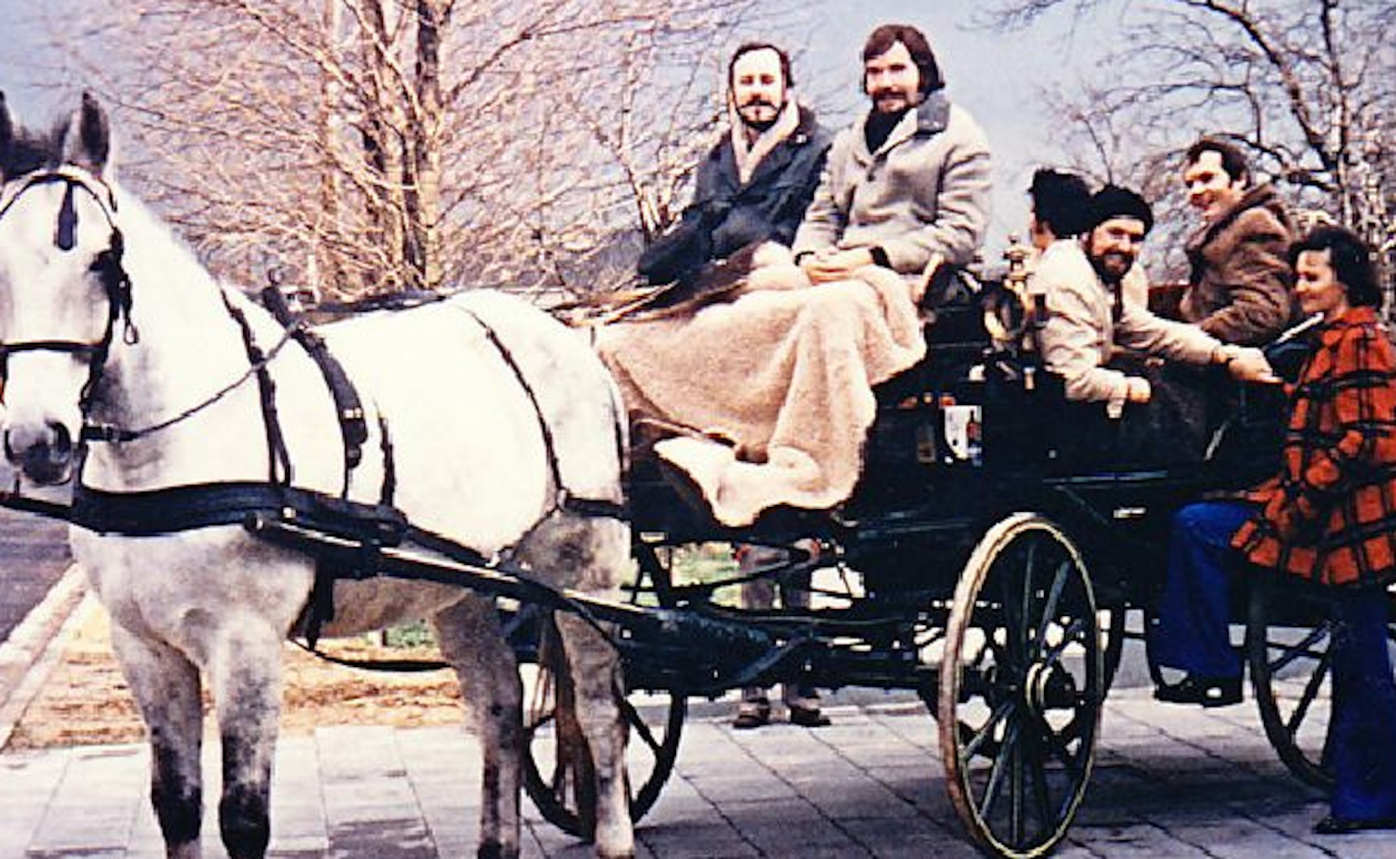 Männer und Frauen sitzen auf einer Kutsche, vor die ein Pferd gespannt ist.