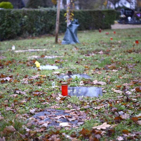 Auf einer Wiese liegen Grabplatten im Kreis. Welkes Laub liegt darüber. An einer Grabplatte steht eine rote Friedhofskerze.