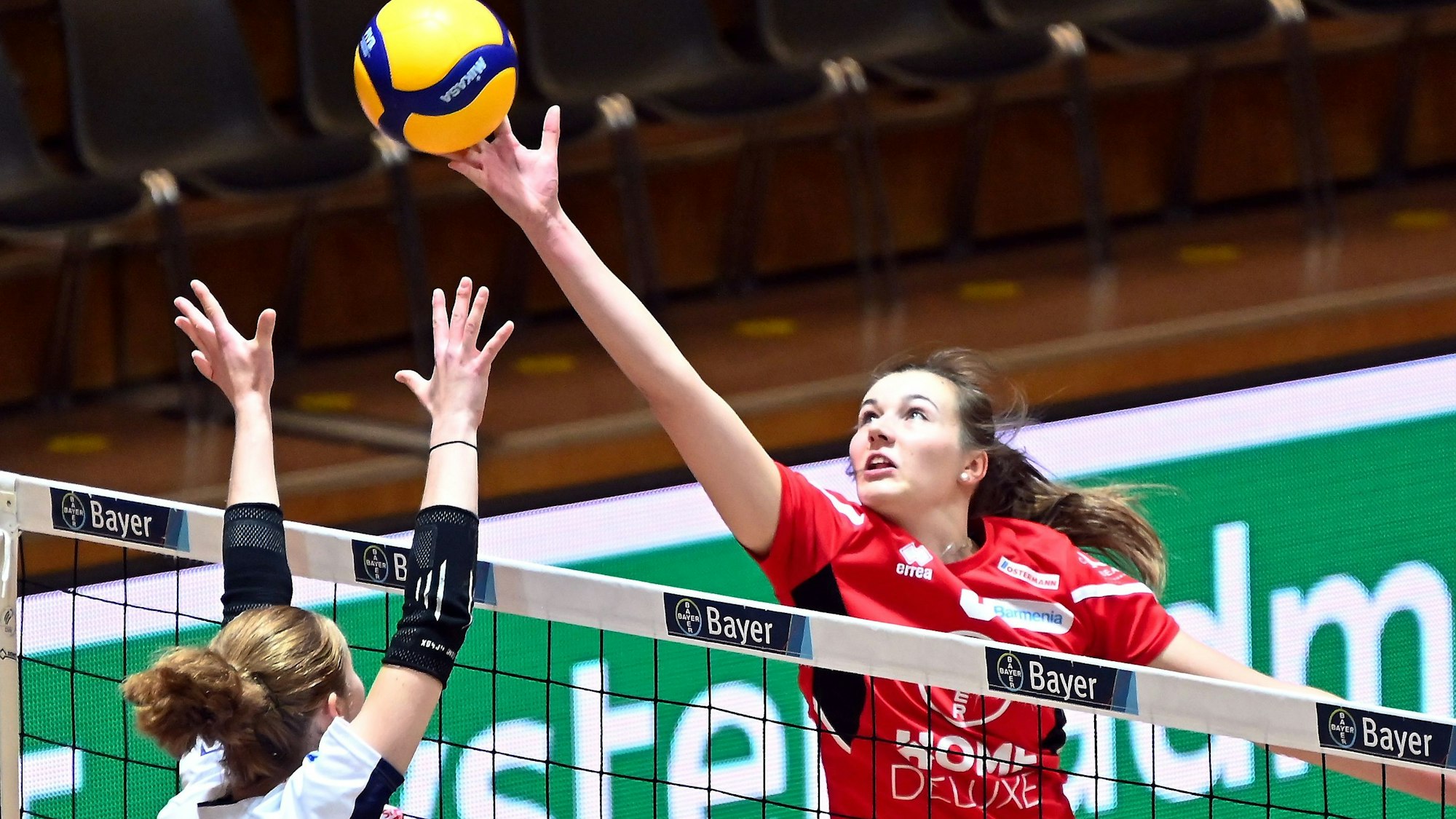 11.11.2023, Volleyball-Bayer Volleys - Dresden
rechts: Clara Wübbeke (Bayer)
Foto: Uli Herhaus