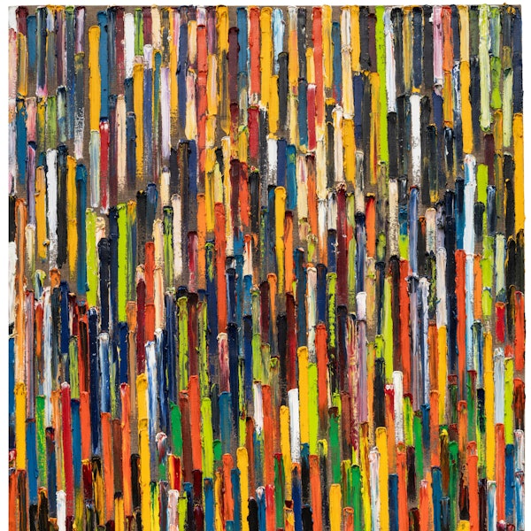 Ein dichter Regen aus farbigen Strichen füllt eine Leinwand.