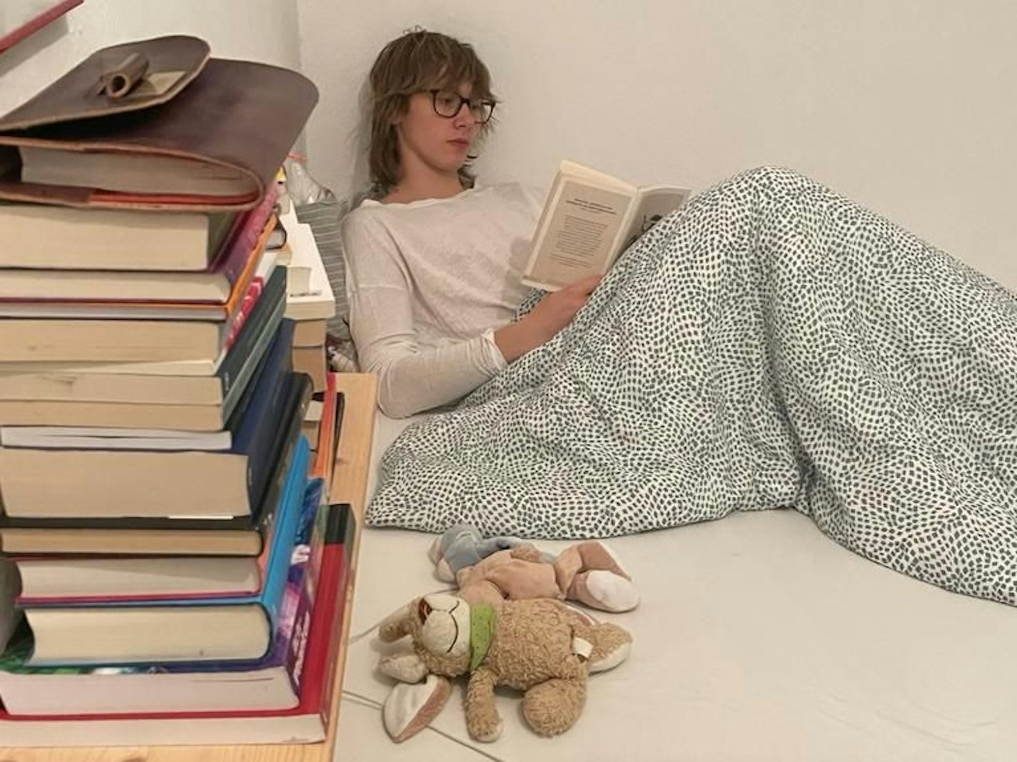 Ein junger Mann liegt im Bett unter einer Decke und liest. Neben ihm stapeln sich Bücher. Auf dem Bett liegen zwei Kuscheltiere.