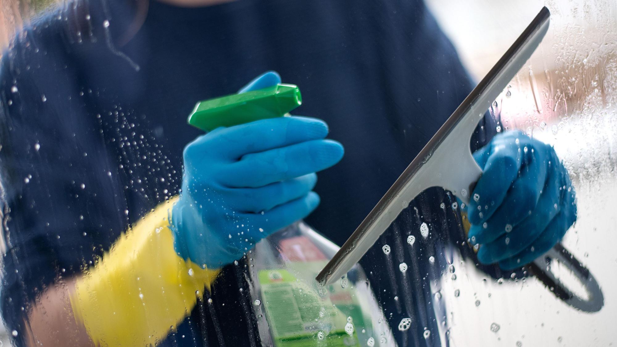 Ein Mann putzt in Gummihandschuhen Fenster in einer Wohnung (gestellte Szene).