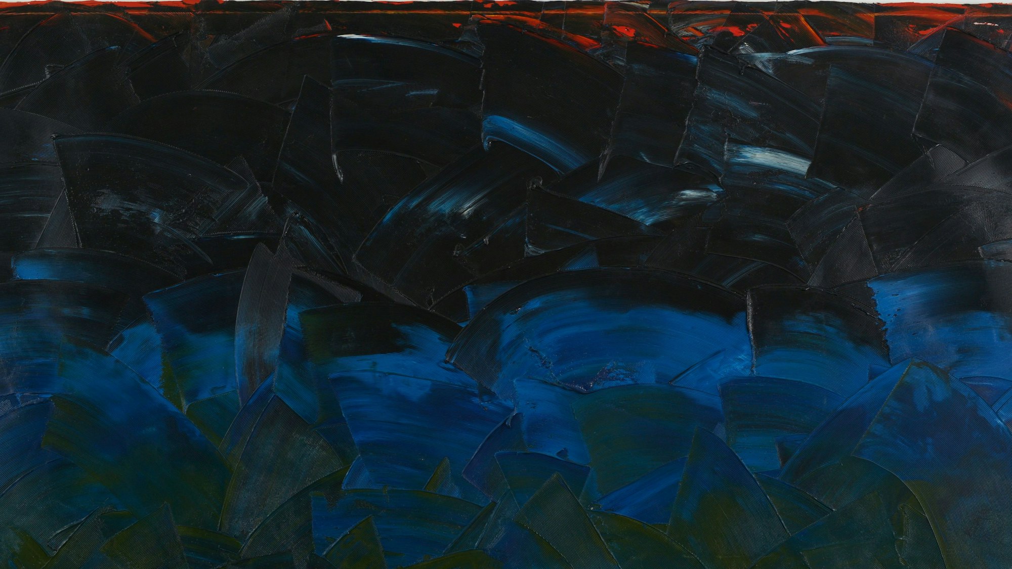 Ein abstraktes Bild mit viel Blau, Schwarz und etwas Rot.