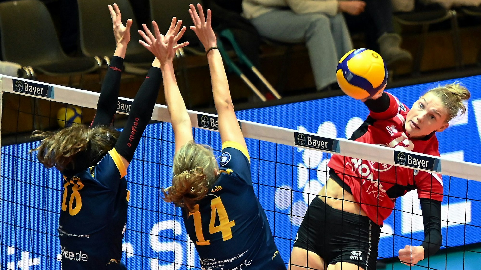 16.12.2023, Volleyball-Bayer Volleys-DSHS Köln
rechts: Laurine Vinkesteijn (Bayer)
Foto: Uli Herhaus