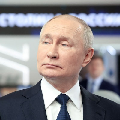 In this pool photograph distributed by Sputnik agency, Russia's President Vladimir Putin visits the exhibition of achievements "Russia" prior to the United Russia party congress in Moscow, on December 17, 2023. (Photo by Sergey FADEICHEV / POOL / AFP)