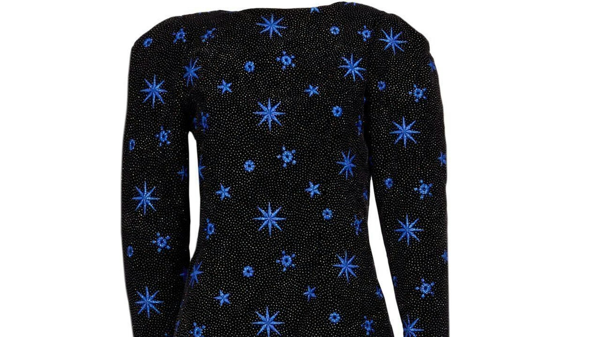 Zu sehen ist ein schwarz-blaues Kleid vor weißem Hintergrund.