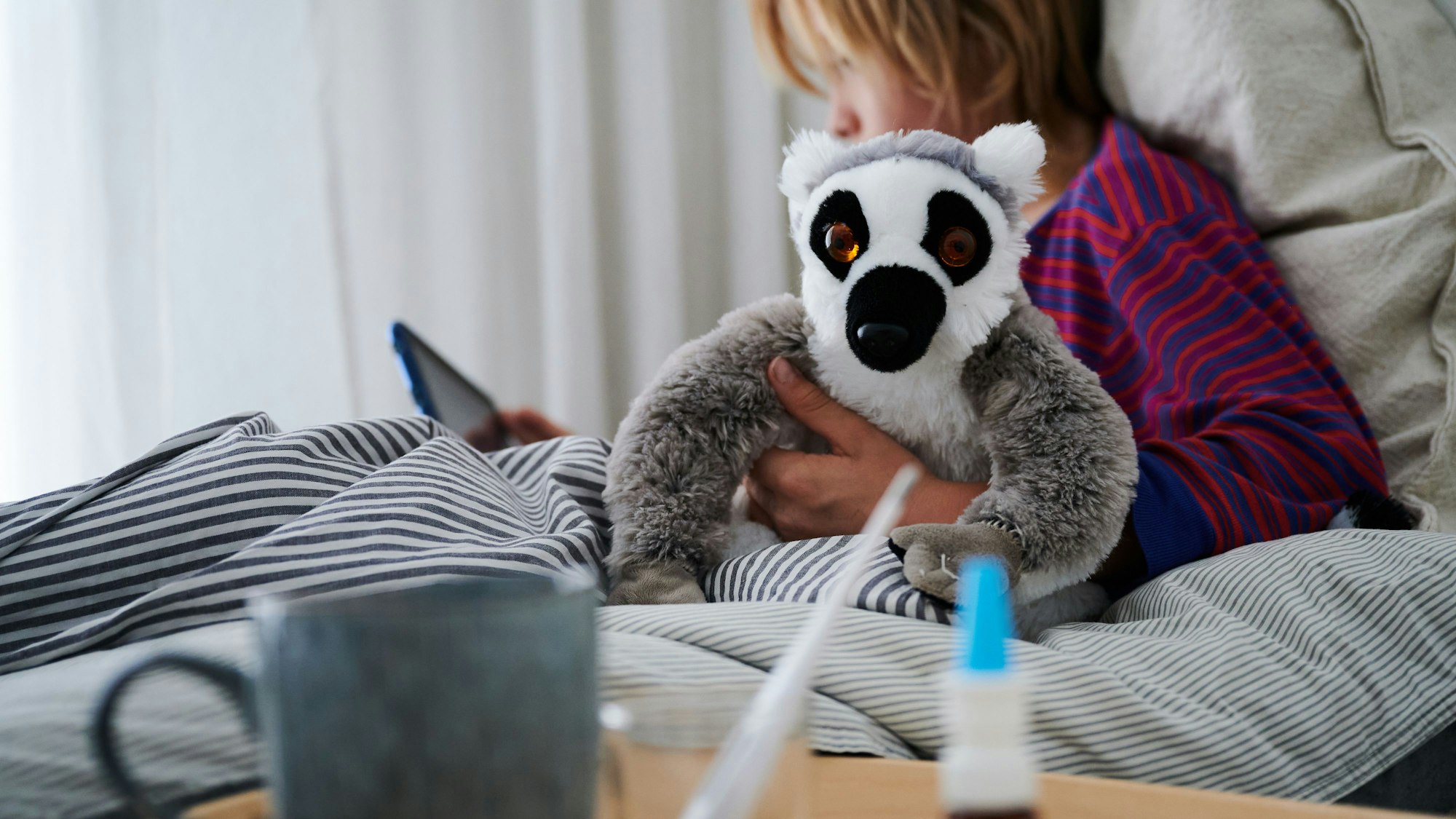 Ein Kinder im Bett mit Kuscheltier.