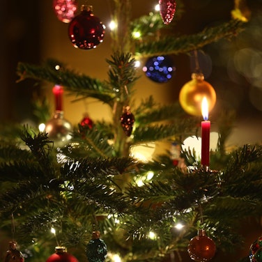 Kerzen brennen in einem Wohnzimmer an einem geschmückten Christbaum.