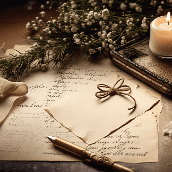 Ein handgeschriebener Wunschzettel und ein Füllfederhalter mit weihnachtlicher Dekoration: Tannengrün, Kerze, Blumen, Schleifen
