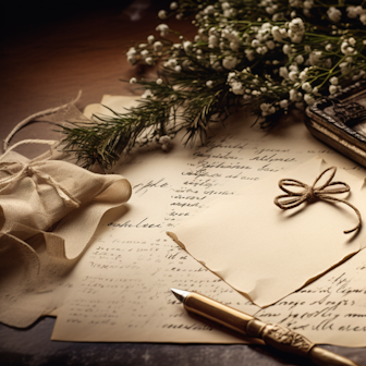 Ein handgeschriebener Wunschzettel und ein Füllfederhalter mit weihnachtlicher Dekoration: Tannengrün, Kerze, Blumen, Schleifen