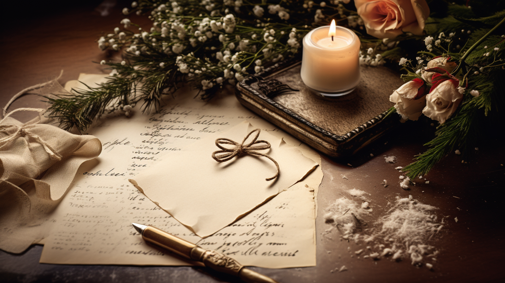 Ein handgeschriebener Wunschzettel und ein Füllfederhalter mit weihnachtlicher Dekoration: Tannengrün, Kerze, Blumen, Schleifen