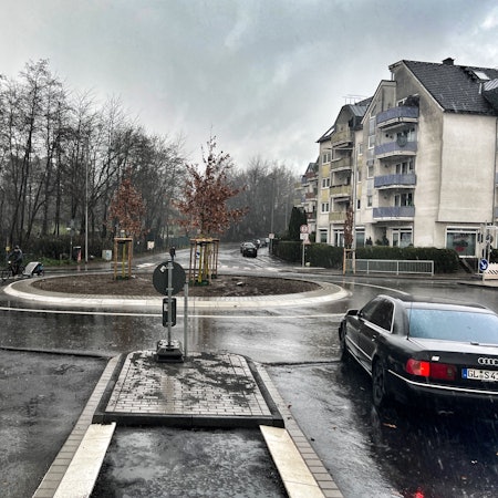 Der Kreisel Rennbaumstraße ist von der Seite Stauffenbergstraße geöffnet. In der Kreismitte stehen drei Eichen anstelle der Milleniumseiche.