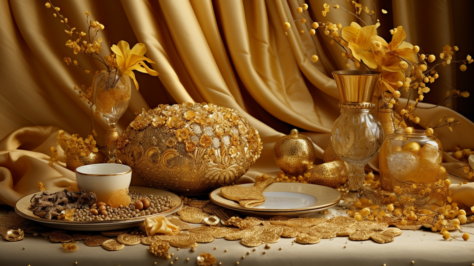 Ein Stillleben mit goldenen Teller, Vasen, Stoff, Schmuck