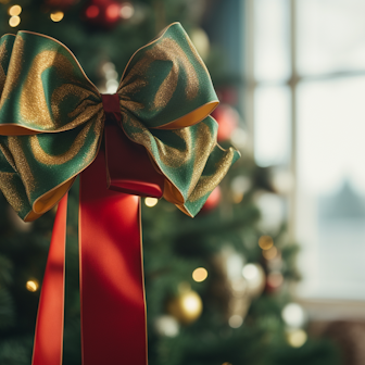 Eine Schleife mit Grün, Gold und Rot, dahinter ein geschmückter Weihnachtsbaum