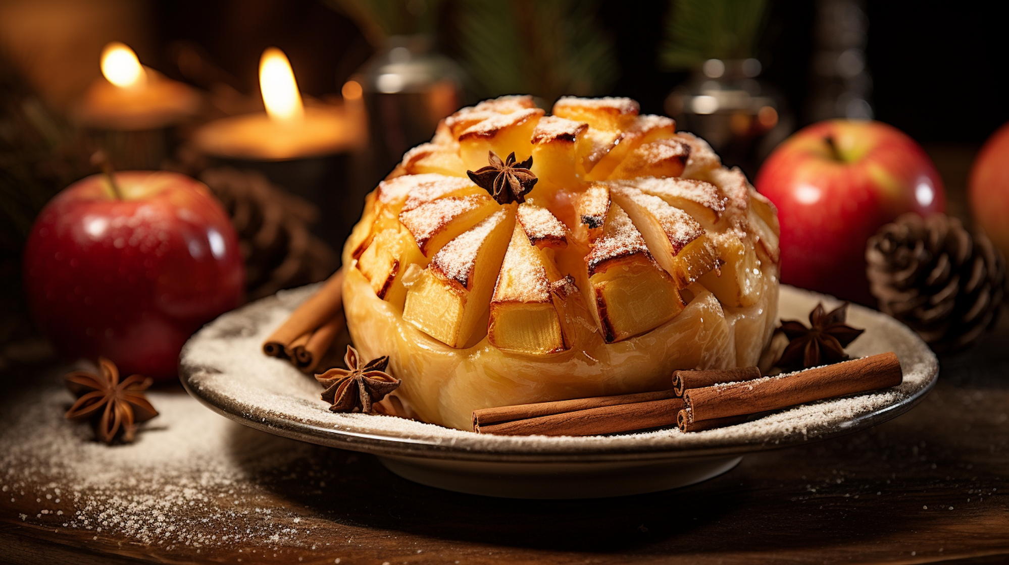Ein Bratapfel mit Zimt, weihnachtliche Deko im Hintergrund