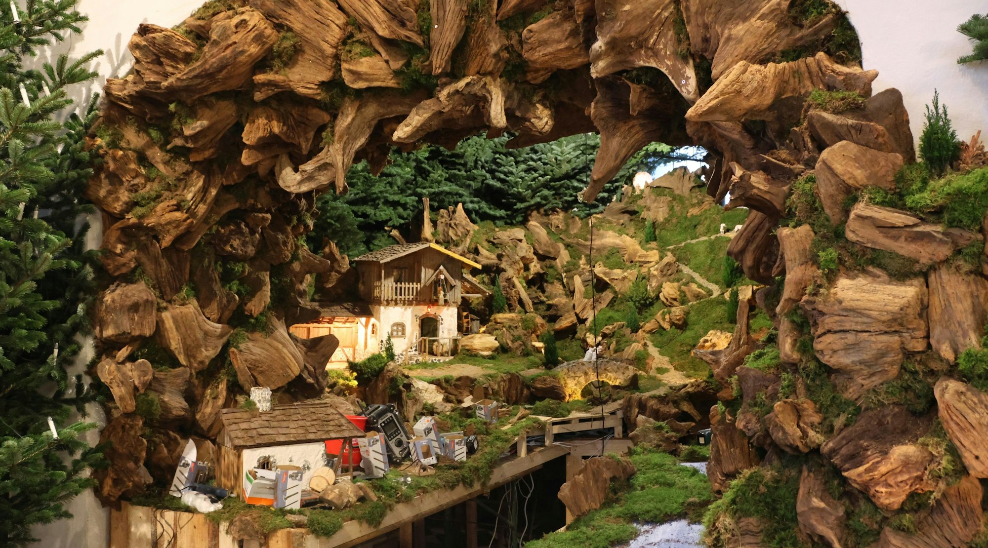 Die Wurzelkrippe in der Kirche St. Sebastianus in Friesenhagen wird aufgebaut.