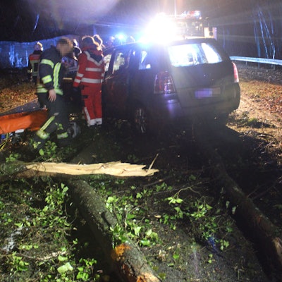 Ein Unfallauto steht vor einem umgestürzten Baum, im Hintergrund ist Blaulicht zu sehen.