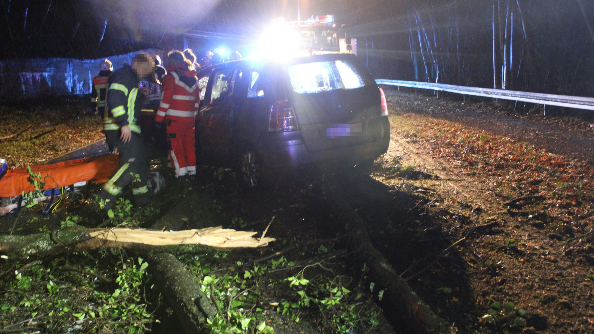 Ein Unfallauto steht vor einem umgestürzten Baum, im Hintergrund ist Blaulicht zu sehen.