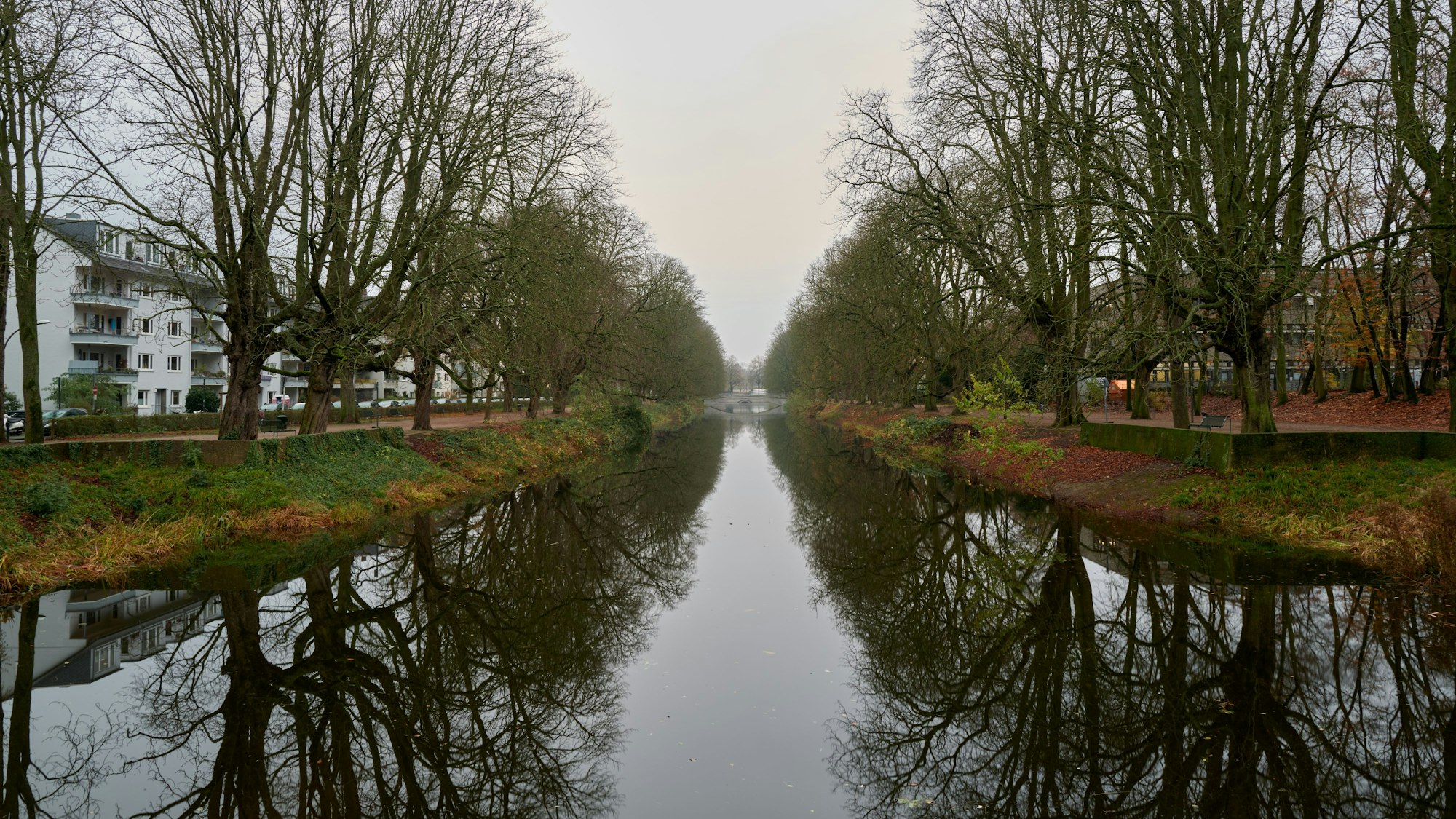 Das Foto zeigt die Spazierwege am Clarenbach-Kanal in Köln-Lindenthal.