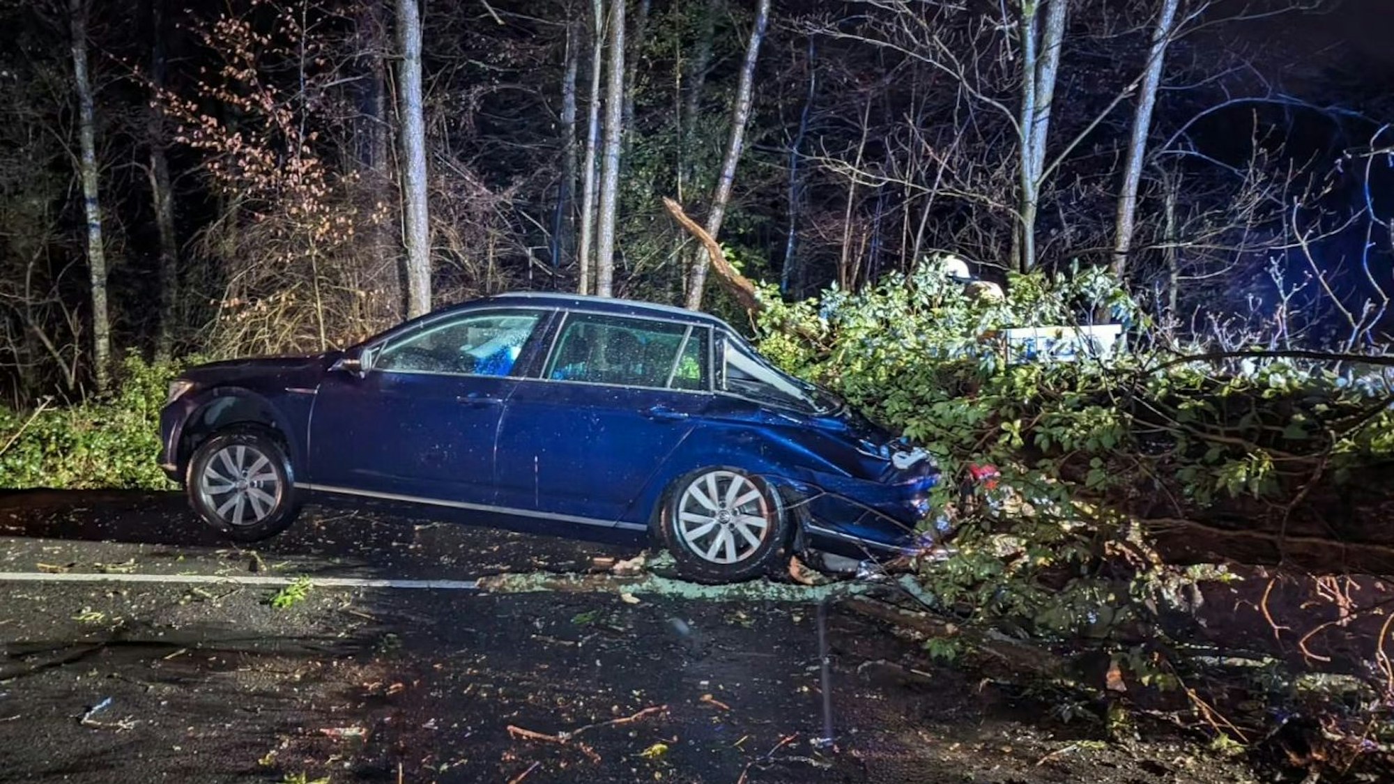 Ein umgestürzter Baum liegt auf dem Kofferraum eines blauen Autos auf der Scherfbachtalstraße in Odenthal.