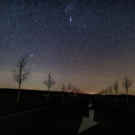 ARCHIV - 18.12.2020, Brandenburg, Falkenhagen: Blick auf einen kleinen Teil der Milchstraße am nächtlichen Sternenhimmel über einer Straße im Landkreis Märkisch-Oderland.