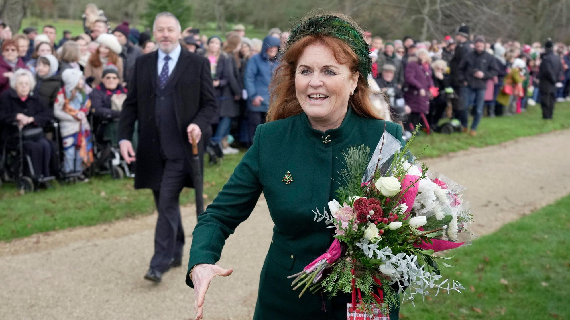 Sarah Ferguson, Duchess of York, arrives to attend the Christmas day service at St Mary Magdalene Church in Sandringham in Norfolk, England, Monday, Dec. 25, 2023.(AP Photo/Kin Cheung)